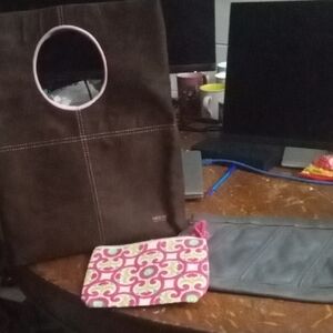 Brown Suede Matt &Nat Bag, Two's Company Makeup Bag, Gray Leather Jonotti Clutch
